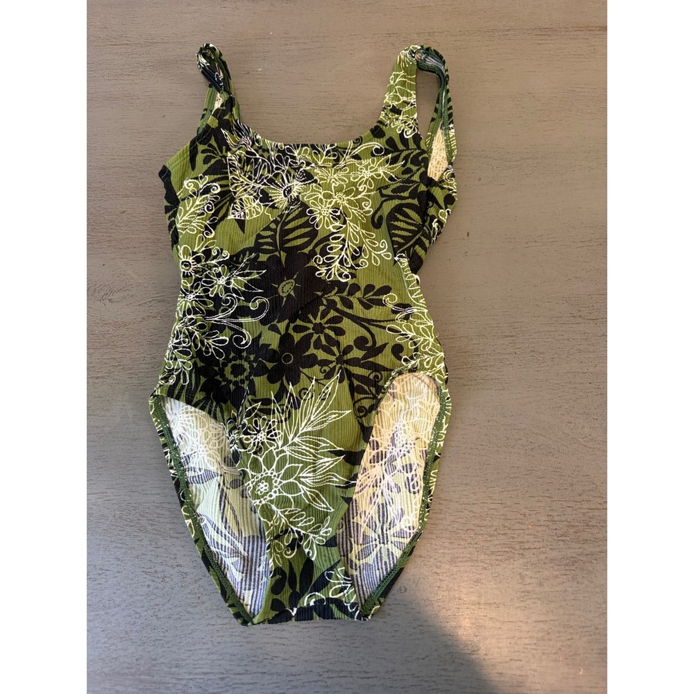 Catalina Green Black Tropical Floral Ribbed One Piece Swimsuit Small 4 6 95022H6